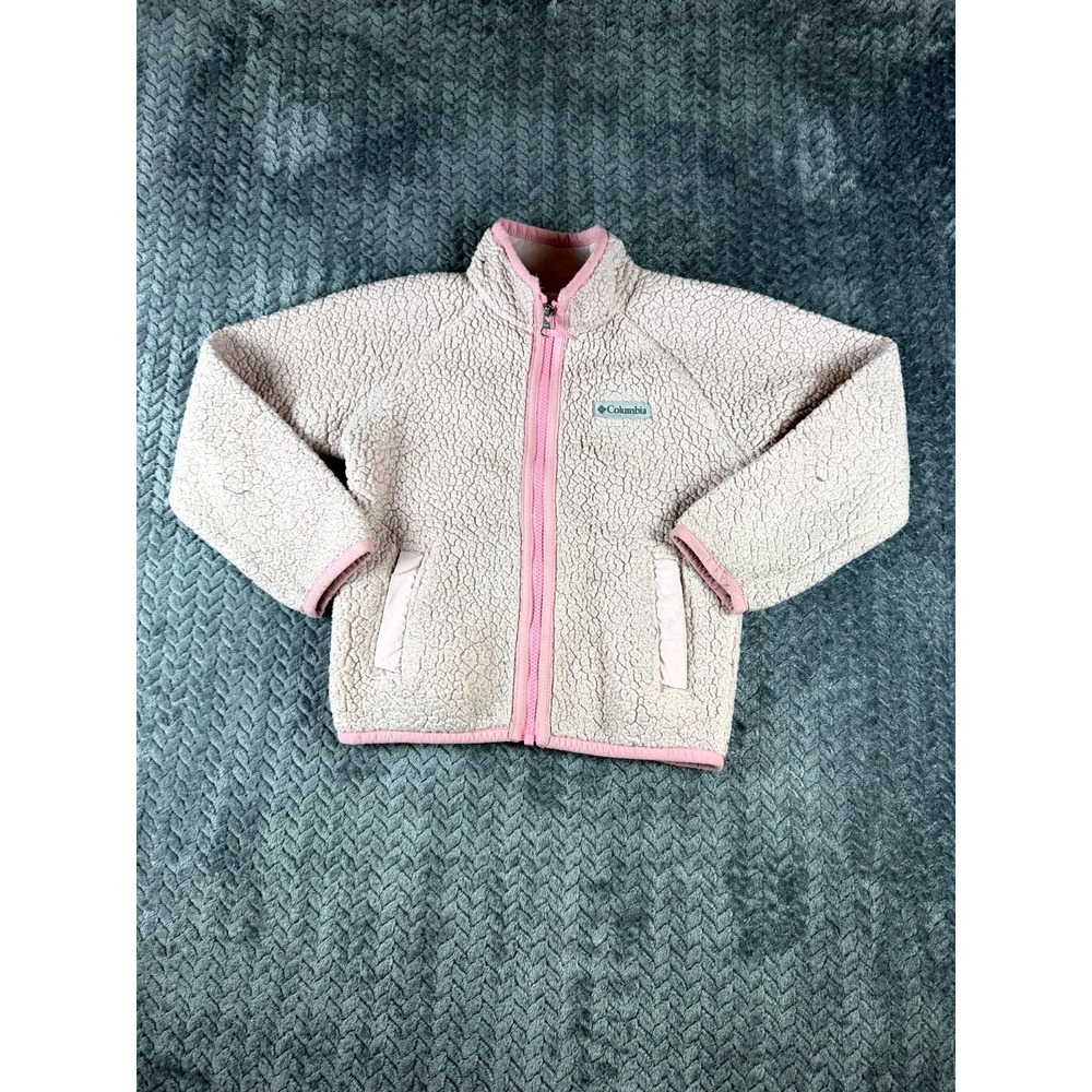 Columbia Jacket Girls XS 6/7 Pink Sherpa Fleece Full Zip Cozy Raglan Sleeve Warm
